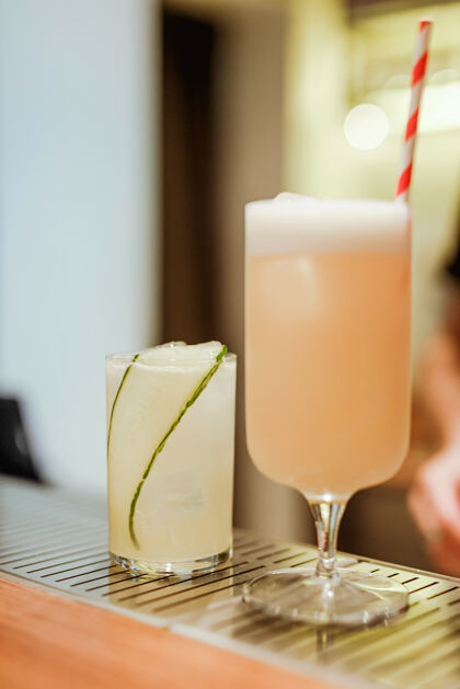 庆典杜松子酒和补品 配黄瓜和松果鸡尾酒景深较浅的照片垂直生活方式形象酒精冷柜台
