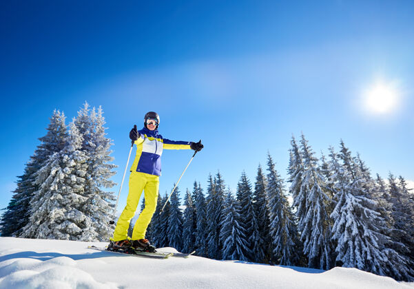 显示滑雪前在滑雪板上摆姿势的快乐女人滑雪胜地阳光明媚晴朗的蓝天 白雪覆盖的冷杉树的背景度假村高兴阳光