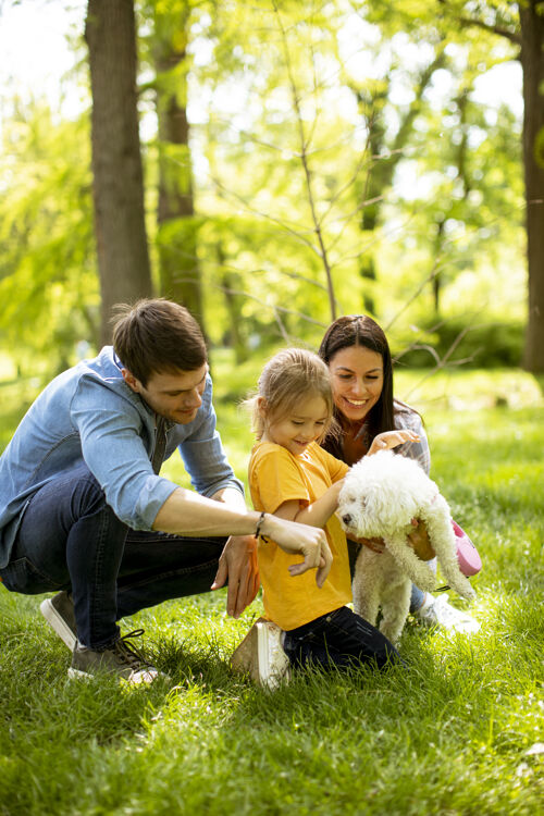 妈妈美丽幸福的一家人在公园里和比雄狗在户外玩得很开心孩子乐趣小