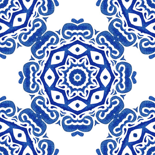 抽象Azulejo蓝白手绘瓷砖无缝装饰水彩画图案艺术瓷砖面料