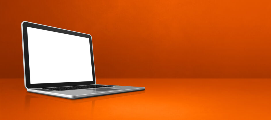 金属笔记本电脑上的橙色办公场景背景横幅3d插图空白彩色屏幕