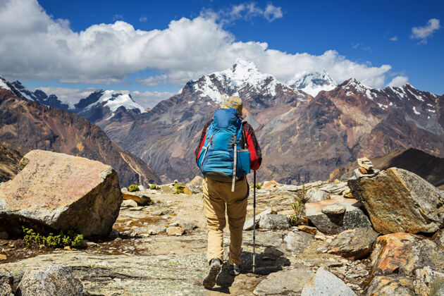 快乐秘鲁科迪勒拉山脉的徒步旅行场景南美方式生存