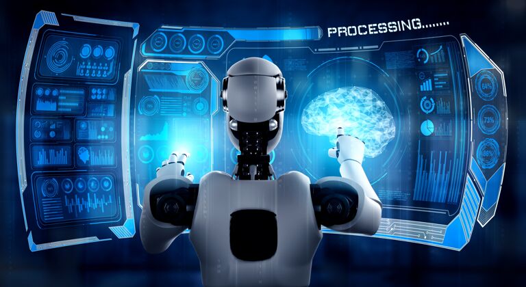 分析Ai仿人机器人触摸虚拟全息屏展示大数据概念机器人商业信息