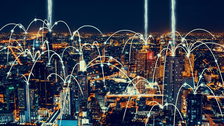 网络全球化的智慧数字城市抽象图形展示连接网络天际线连接互联网