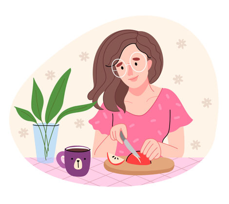 水果一个穿粉红色衬衫的女孩正在厨房做饭戴圆眼镜的女人切苹果马克杯女人食物
