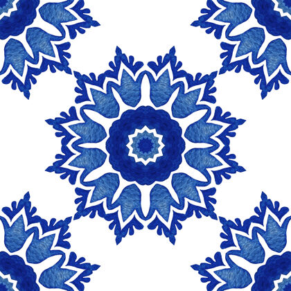 花卉抽象锦缎太阳花无缝装饰水彩画图案壁纸 背景和页面填充的优雅奢华质感蓝白相间的azulejo荷兰瓷砖艺术装饰优雅