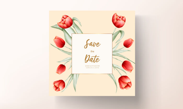 分支美丽的红色郁金香花结婚卡模板植物多彩婚礼请柬