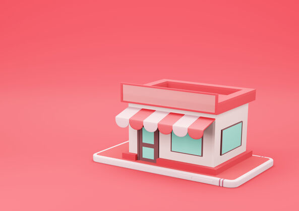 购物红色背景的智能手机上的3d渲染在线商店网上购物和电子商务概念现代电子电子商务