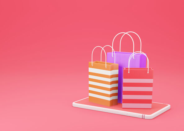 电话红色背景上的智能手机购物袋的三维渲染网上购物和电子商务概念移动小工具3d
