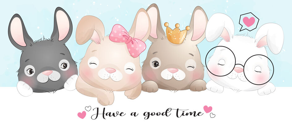美好时光可爱的涂鸦兔与水彩画动物兔子卡通