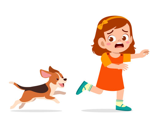 幼儿园可爱的小女孩因为被坏狗追赶而害怕坏跑步害怕