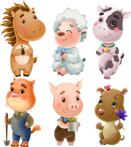 动物可爱的农场动物插图集猫猪羔羊