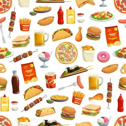 爆米花快餐汉堡三明治图案插图设计芝士汉堡芥末烤架