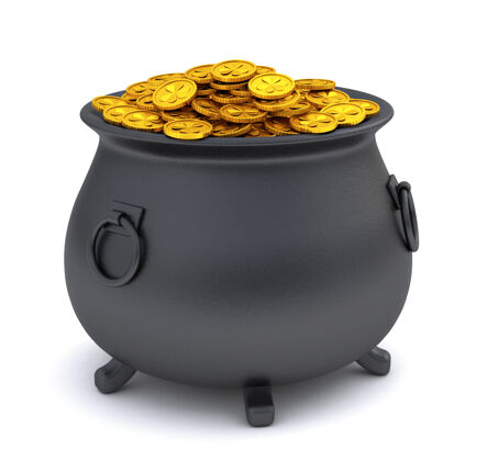 爱尔兰圣帕特里克的天宝藏装满金子的罐子硬币孤立的在白色背景上3d渲染幸运凯尔特人金钱