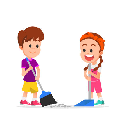 肮脏可爱的男孩和女孩清理地板上的灰尘垃圾清扫女孩