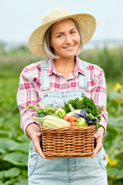 板条箱女人手里拿着一篮子丰收的有机蔬菜和根上的有机生物农场.秋天蔬菜收获有机篮子营养