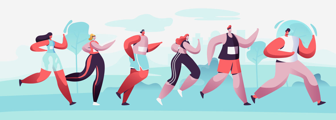 短跑一组男女角色跑马拉松距离原始动画平面插图活跃平坦人类
