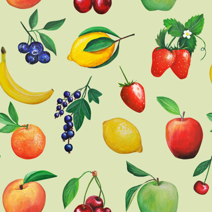 热带水果图案橘子香蕉 苹果 梨 柠檬和树叶收藏套装切片