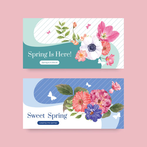 花束推特模板与春天明亮的概念水彩插图在线优雅银莲花