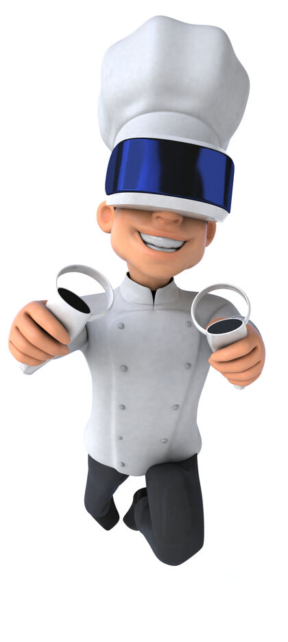 游戏有趣的三维插图厨师与虚拟现实头盔网络电子未来派