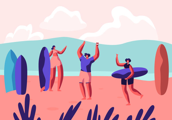 天堂异国情调的海边冲浪派对度假村男女运动员拿着木板在沙滩上放松海滩.卡通平面插图海滩运动员时间