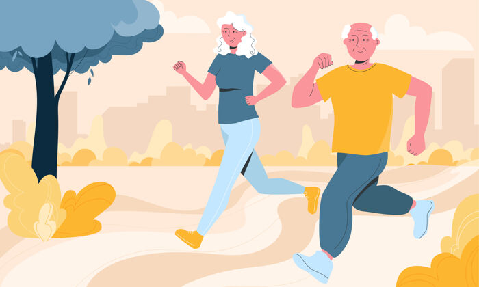 活动欢快的老年夫妇在当地公园从事慢跑横幅插画运动男人跑步