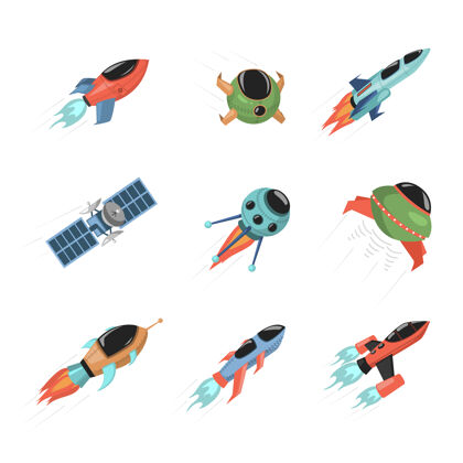 卡通一组不同的宇宙飞船和卫星星星任务宇宙学