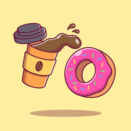 商店飞一杯咖啡和甜甜圈平面卡通插图孤立薯条棕色
