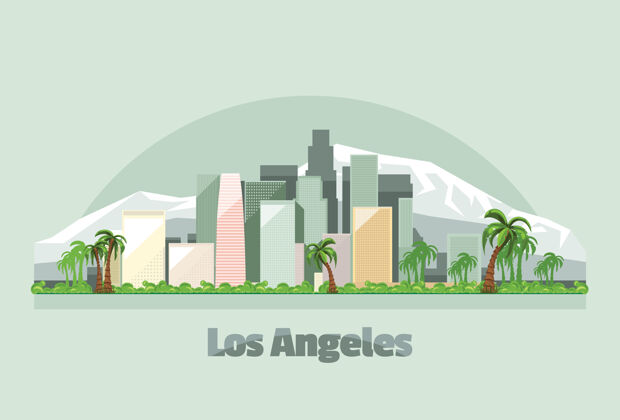 城市景观美国洛杉矶城市天际线插画棕榈树环境摩天大楼