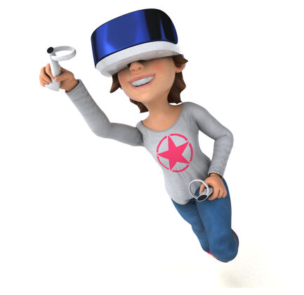 虚拟一个戴着vr头盔的少女的有趣插图游戏播放器孩子