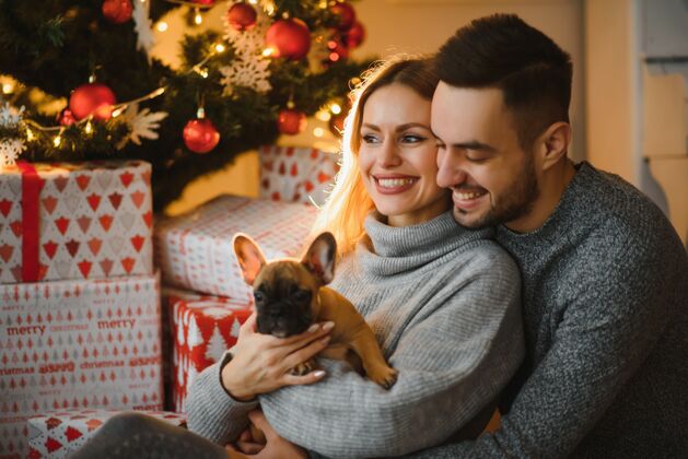 女朋友圣诞节前夕 一对年轻漂亮的夫妇在喜庆的新年客厅里和他们的狗玩耍帅哥情侣年轻