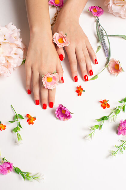 亚克力精心打扮的女人的手与红色的花甲指甲女花