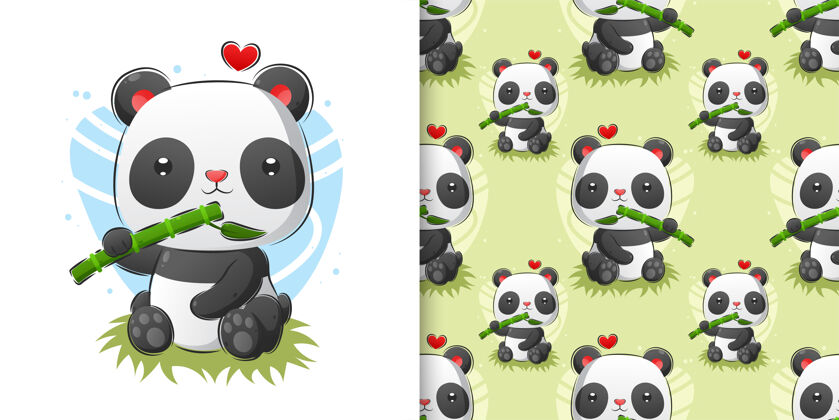 食品水彩图案集熊猫吃新鲜竹子在森林插图年轻彩色动物