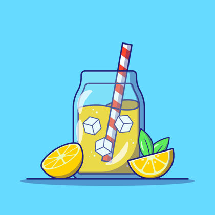 柠檬水在一个玻璃罐里放着柠檬片和条纹稻草的柠檬水夏天概念轮廓