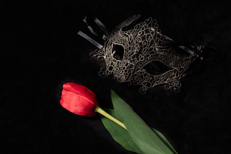 黑色对黑色威尼斯面具与红色郁金香在黑暗中 暗示点燃环境神秘爱的概念 圣瓦伦丁日美丽水仙花意大利