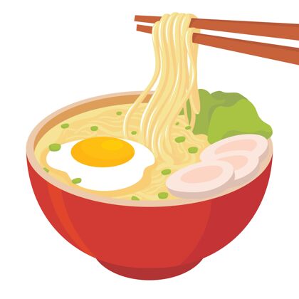 东方鸡蛋 肉和芥末蔬菜面条汤的插图 用筷子夹在红色碗里的面条新鲜日本汤
