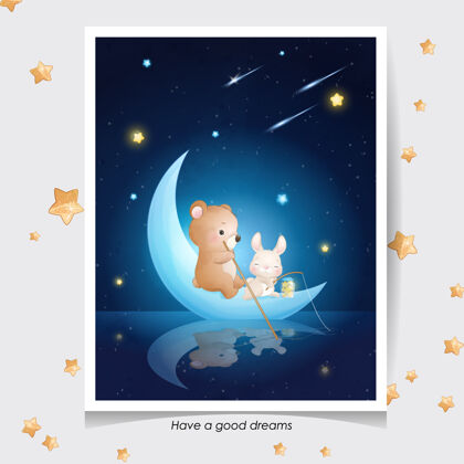 熊可爱的涂鸦熊和小兔子与水彩插图星星可爱插图