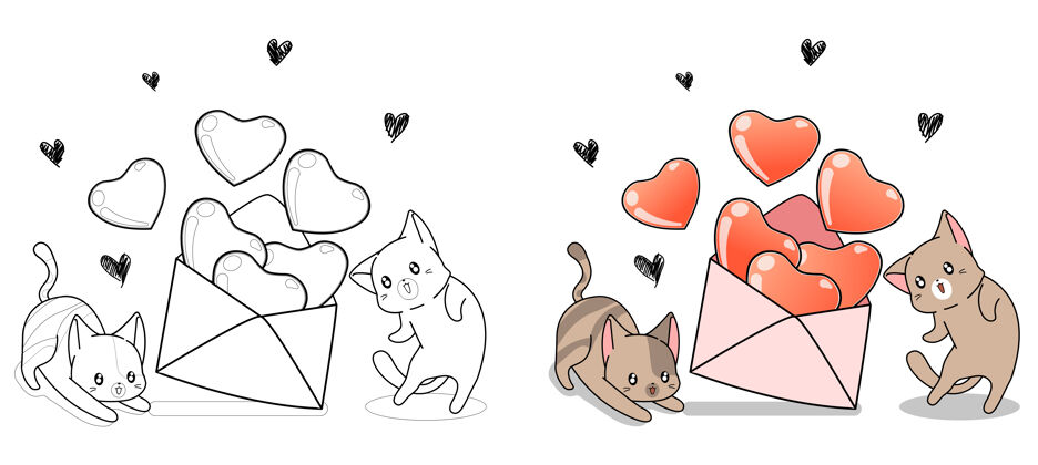 爱情可爱的猫正在为孩子们打开情书卡通彩页动物幼稚情书