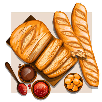 勺子带果酱的法式硬面包黄油饭法式面包