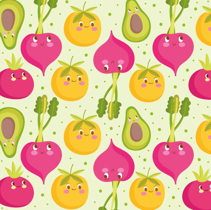绿色食物模式快乐卡通有趣的橙色甜菜自然矢量插图健康甜菜自然