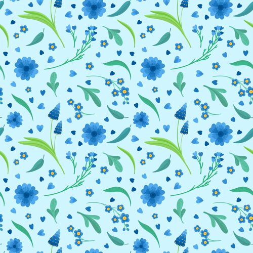 自然蓝色花朵绽放无缝图案时尚植物小