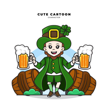 男性可爱的卡通人物小妖精圣帕特里克日概念持有啤酒在一个玻璃杯爱尔兰派对叶子