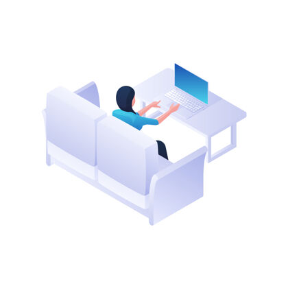人在家里用笔记本电脑工作的女人插图.女性角色正坐在白色沙发上 静静地在笔记本电脑上打字餐桌舒适家庭自由职业者和放松的环境概念小玩意工作生活