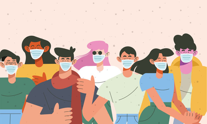 面部一组七个戴着医用口罩的年轻人团体多样性护理