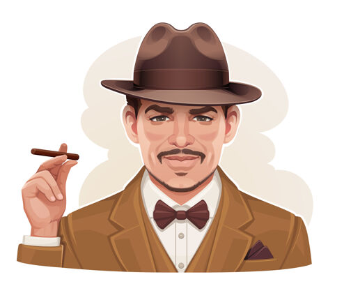 手指一个戴着帽子 手里拿着雪茄的男人的古董肖像雪茄古董香烟