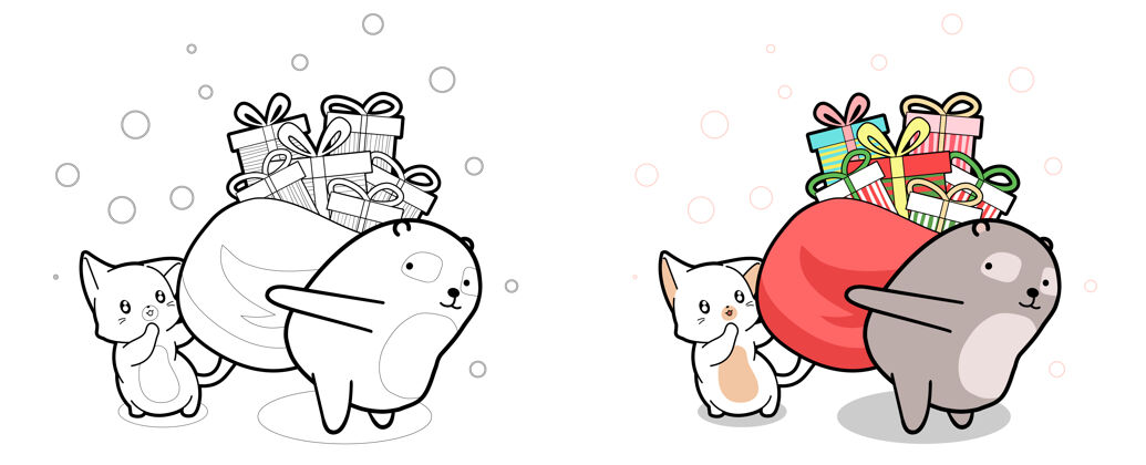 圣诞可爱的猫和熊正在提袋的礼品盒卡通彩页彩色页可爱幼稚