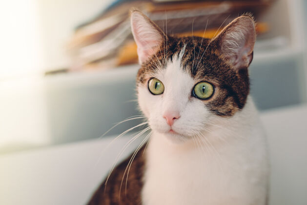 斑猫可爱的猫 绿色的眼睛躺在白色的床上地板.横幅 复制空间 特写 背景可爱国内宠物概念条纹灰色动物