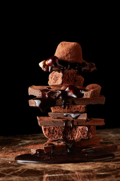 配料一堆堆黑巧克力和巧克力滴在大理石表面粉营养甜点
