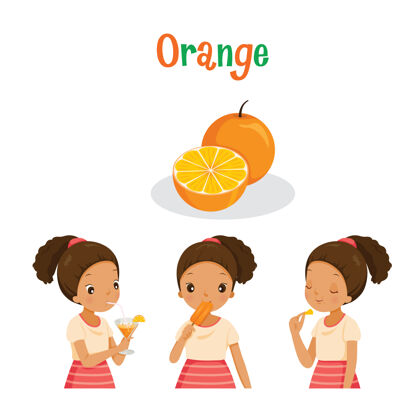 卡通女孩用橙汁 果汁 冰激凌和字母 热带水果 健康饮食幻灯片女孩平板