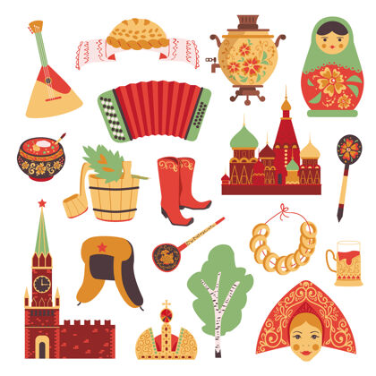 服装俄罗斯文化图标集涂鸦面包手风琴